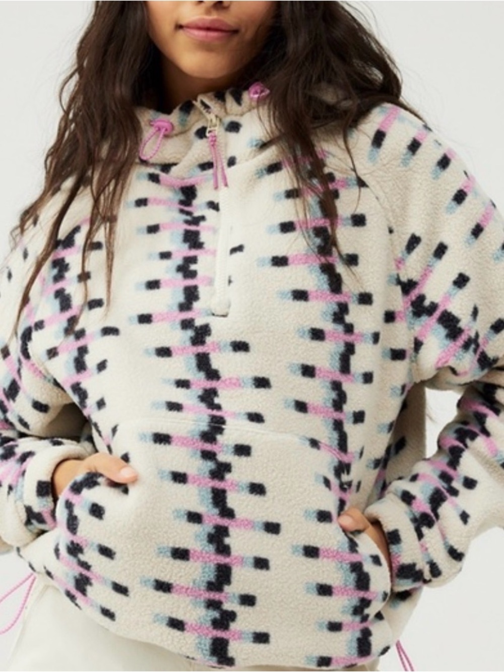Outdoor Voices Cream Sherpa Hoodie with Pink & Black Geometric Print